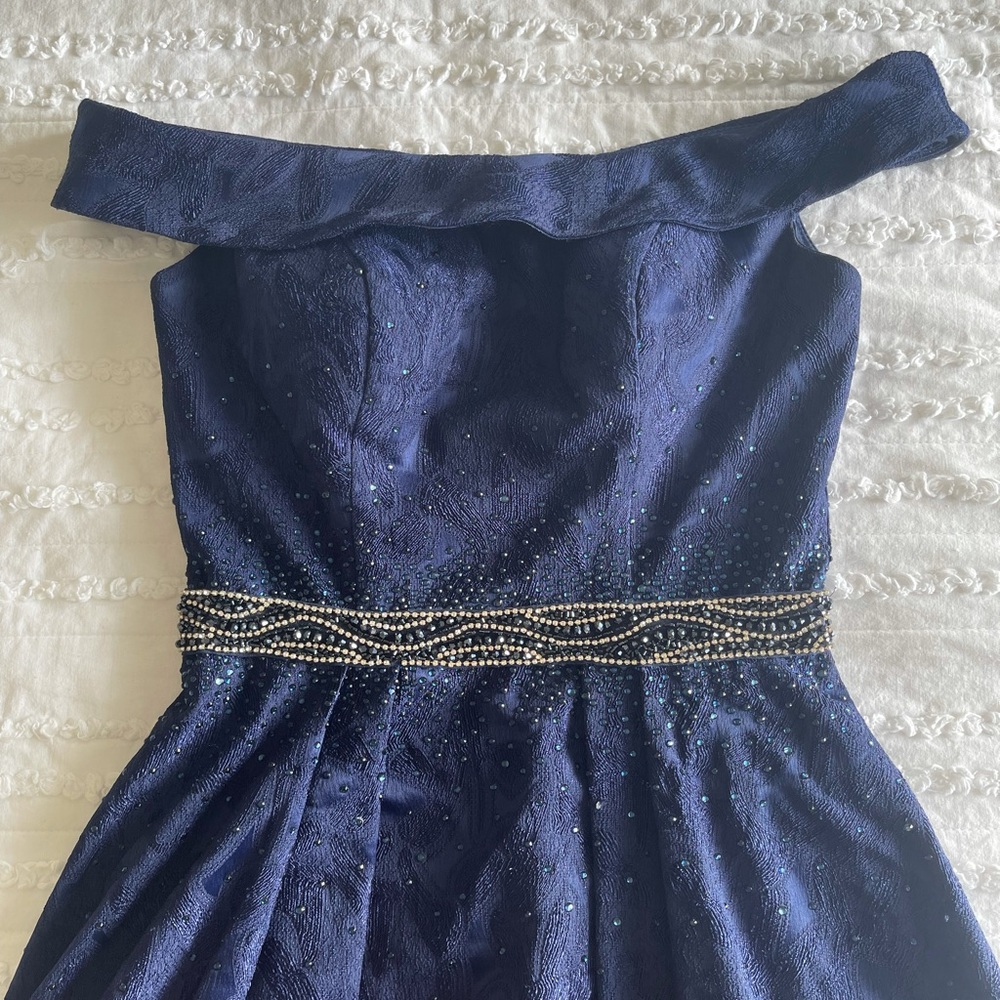 ENGAGEMENT PROM GOWN COUTURE MERMAID W/ ATTACHED SKIRT NAVY BLUE OFF SHOULDER